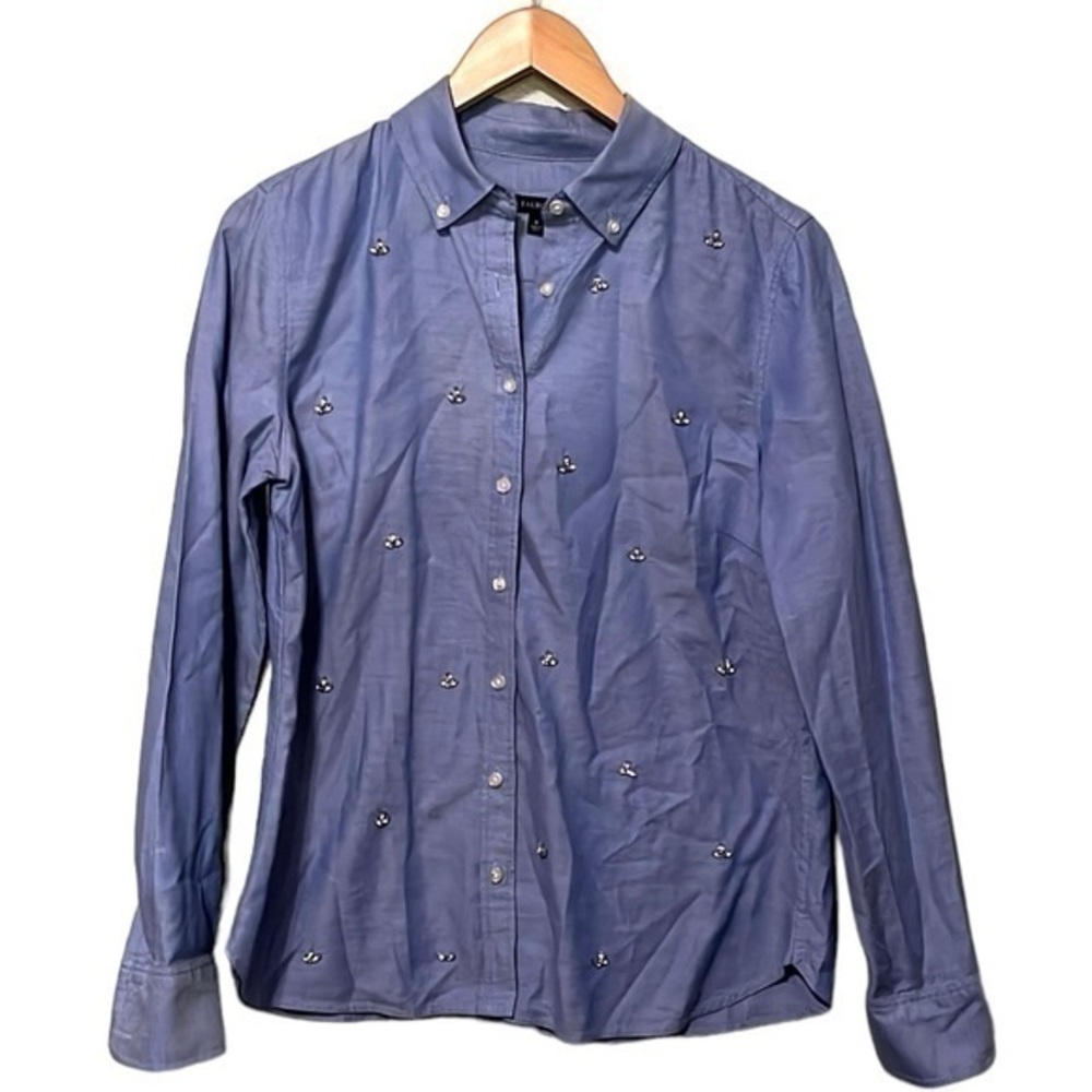 Talbots long sleeve button down rhinestones attached all over, color is blue